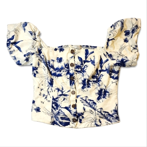 Blāshe Off The Shoulder Boho Blouse White Blue X Large Linen Mix - Picture 2 of 7